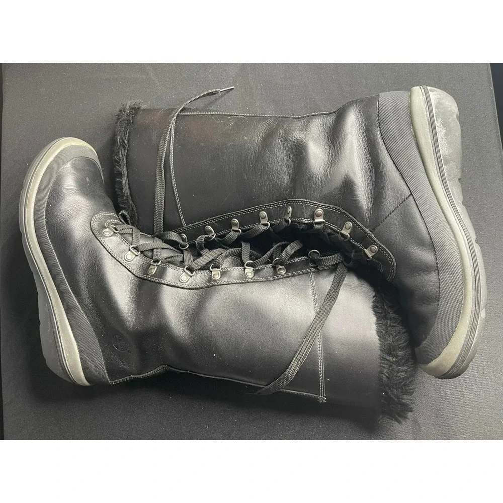 Timberland Womens Black Leather Tall Lace Up Winter Boots Faux Fur Trim Size 9M